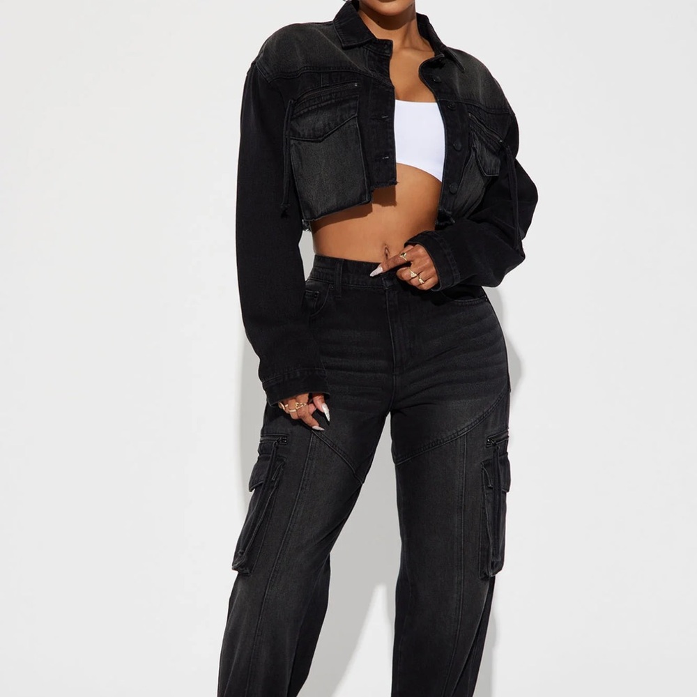 Black Denim Jacket and Cargo Pants Set